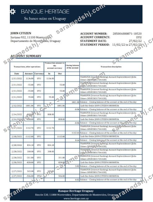 Uruguay Banque Heritage bank statement, Excel and PDF template